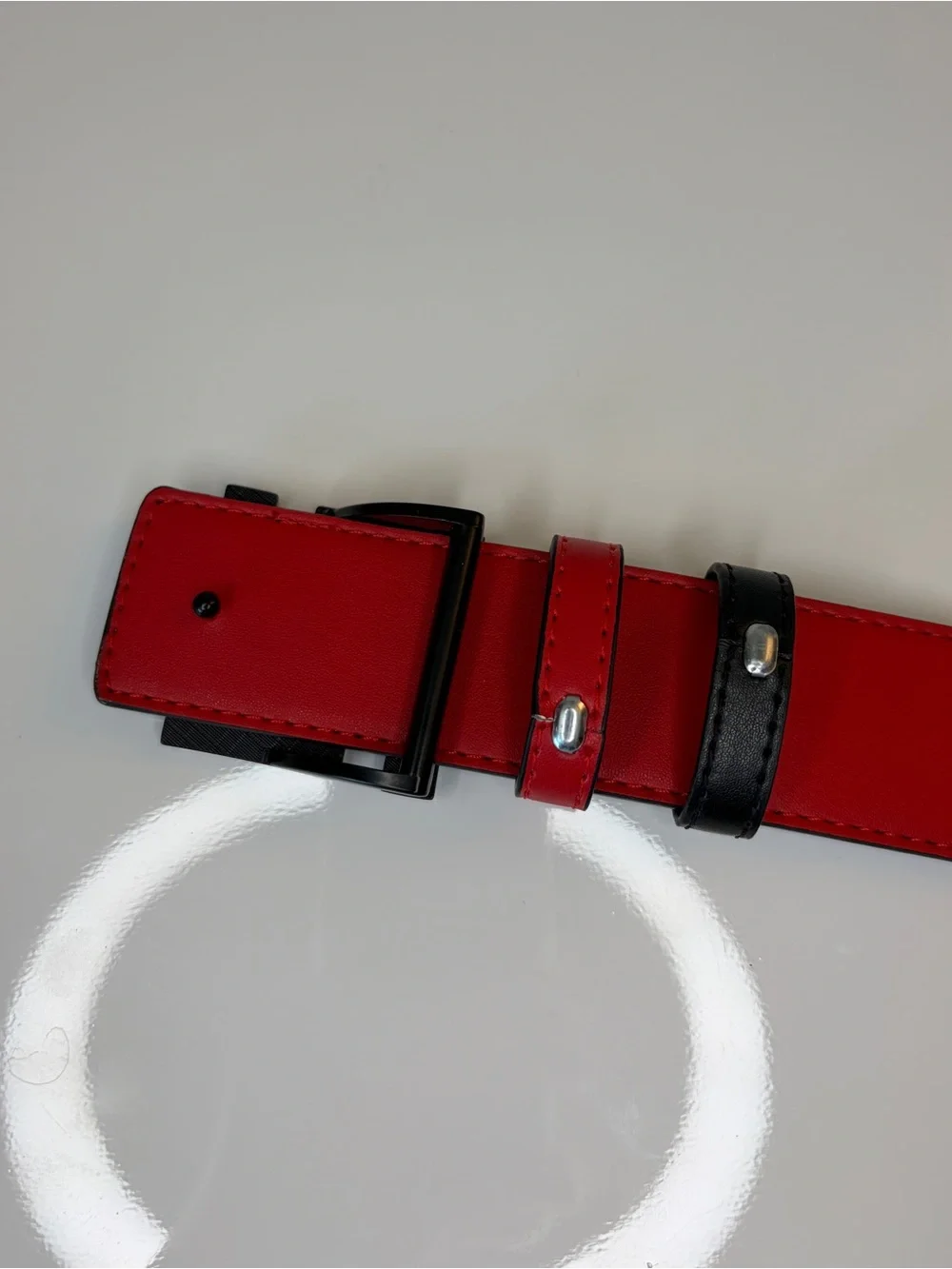 Mens Black and Red FF Genuine Leather Belt Fits Waist 35-37